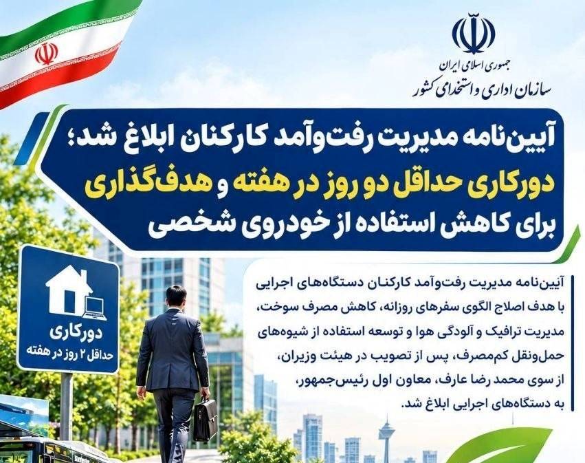 دورکاری حداقل دو روز در هفته و هدف‌گذاری برای کاهش استفاده از خودروی شخصی